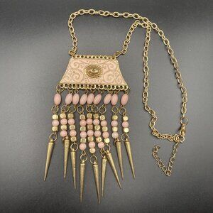 Victorian Style Bib Necklace Pink Enamel Panel Beaded Fringe Gold Tone 19" Boho